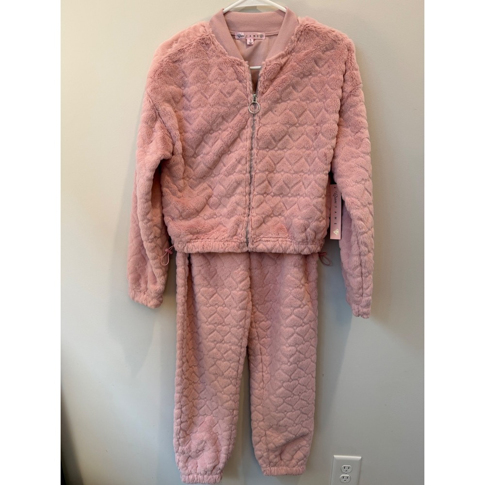 So soft! Crave Fame Pink Faux Fur Heart Quilted Jacket and Jogger Set Small 2pc